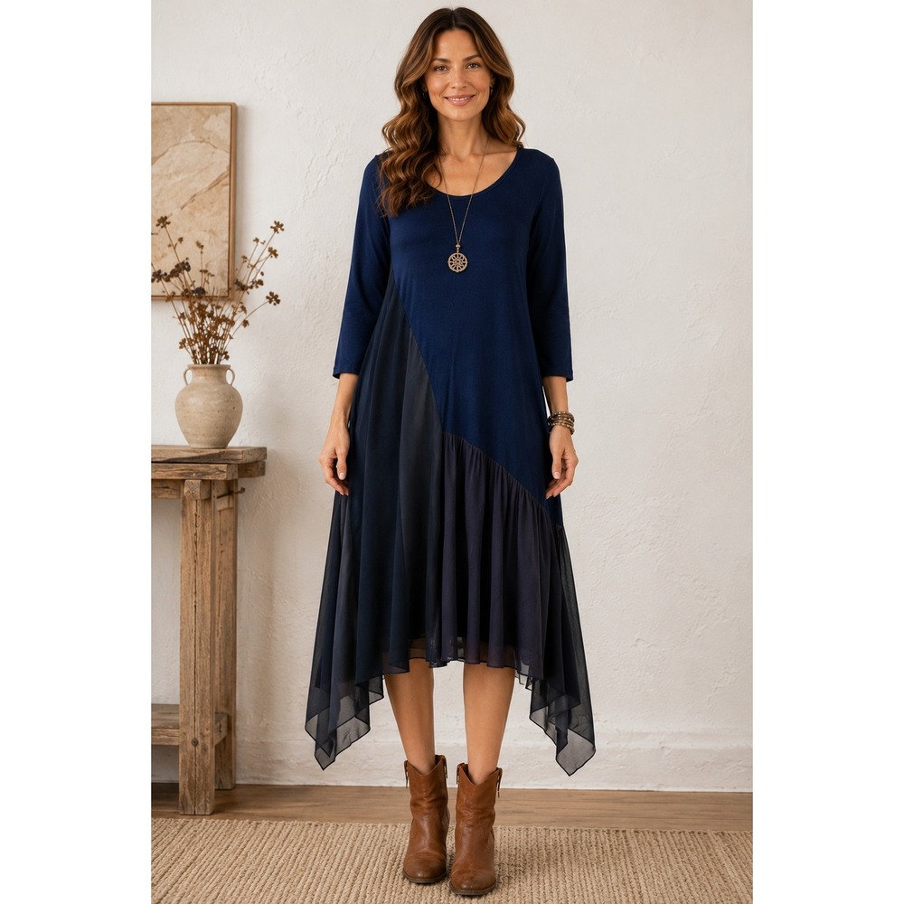 Sundance Navy Blue Mixed Media Midi Dress Boho Minimalist Handkerchief Hem L